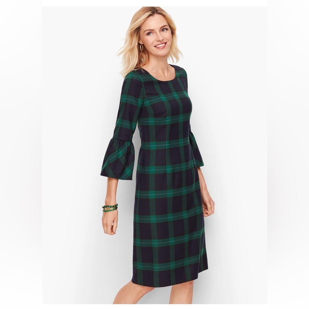 Talbots Black Watch Plaid Shift Dress 3/4 Flounce Sleeves Womens SZ 12p Wool
